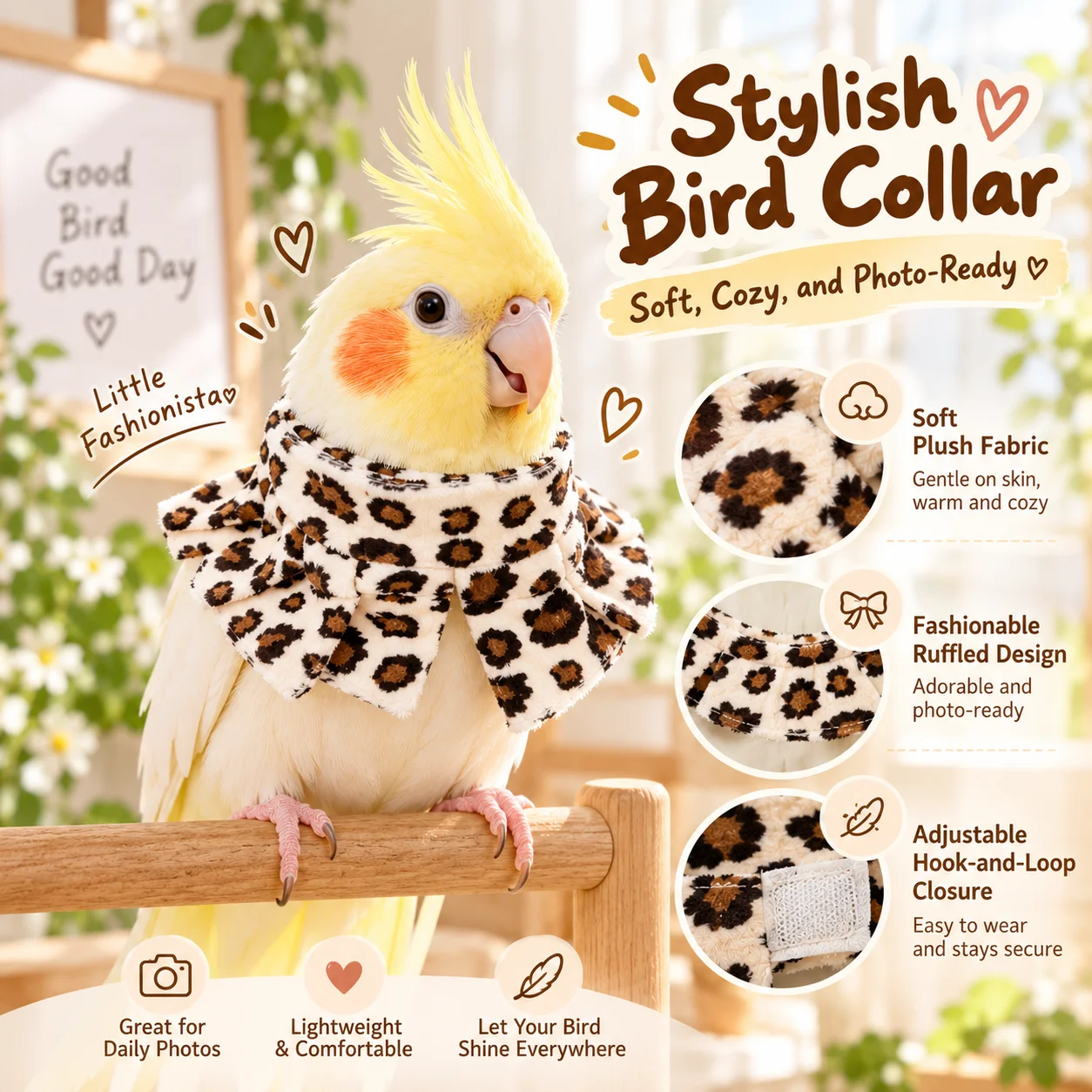 Parrot Scarf Leopard Print Bird Collar Soft Plush Ruffled Bow Tie Adjustable Hook And Loop Warm Neck Warmer For Cockatoo Conure
