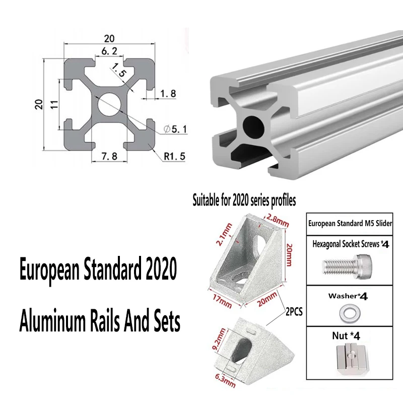 EU 2020 T Or V-Slot Aluminum Extrusion Profile Corner Bracket Screws Washers Nuts Set Linear Rail for 3D Printer Parts DIY