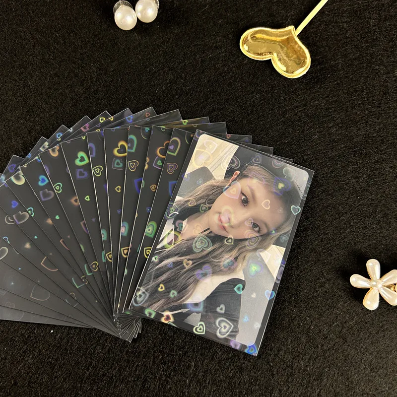 50Pcs Popcorn Heart Laser Holographic Card Sleeves 61x91mm Bling Film Kpop Photocard Holder Protector For Collectible Photo Card