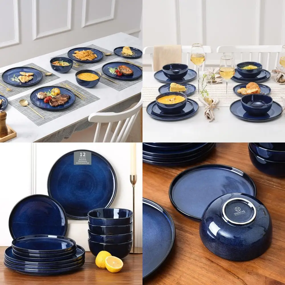

Синий керамический набор посуды на 4 человека: тарелки, тарелки для салата, миски для хлопьев, микроволновая печь и можно мыть в посудомоечной машине