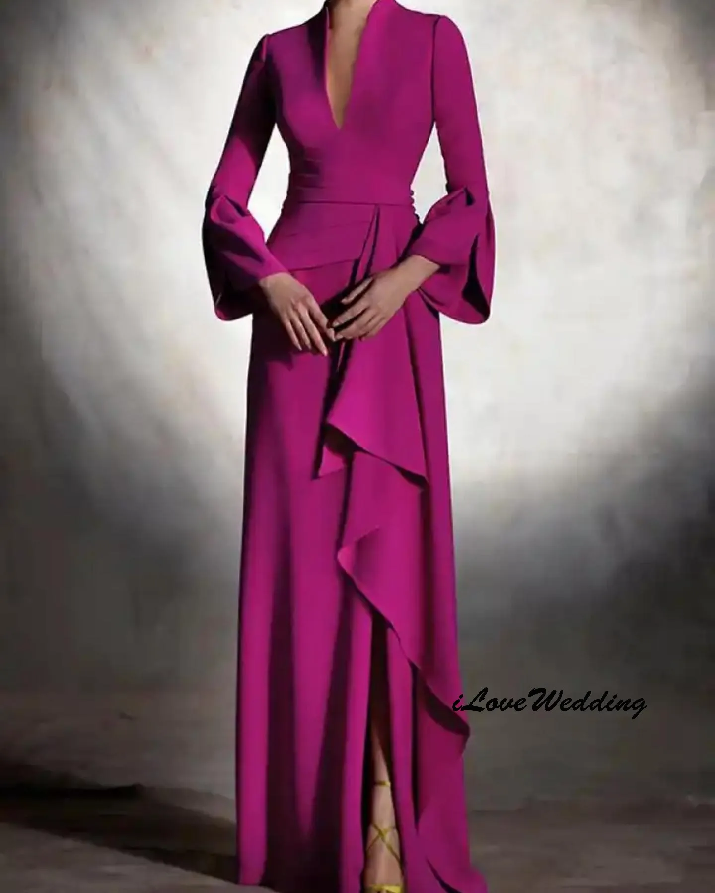 

Ярко-розовые сексуальные вечерние платья с глубоким вырезом 2025 года, платье для выпускного вечера с длинными рукавами, плиссированные вечерние платья, элегантное женское вечернее платье по индивидуальному заказу