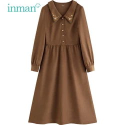 INMAN Women Dress 2023 Autumn Long Sleeve Embroidered Lapel A-shaped Slim Waist French Retro Coffee Green Mid-length Skirt