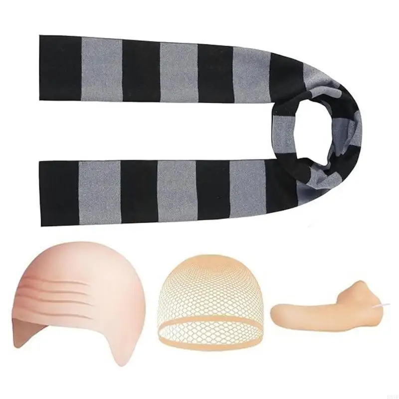 B95F Set cappello calvo per uomo Accessori costume Gru Sciarpa a righe nere e grigie Cappucci calvi con naso finto