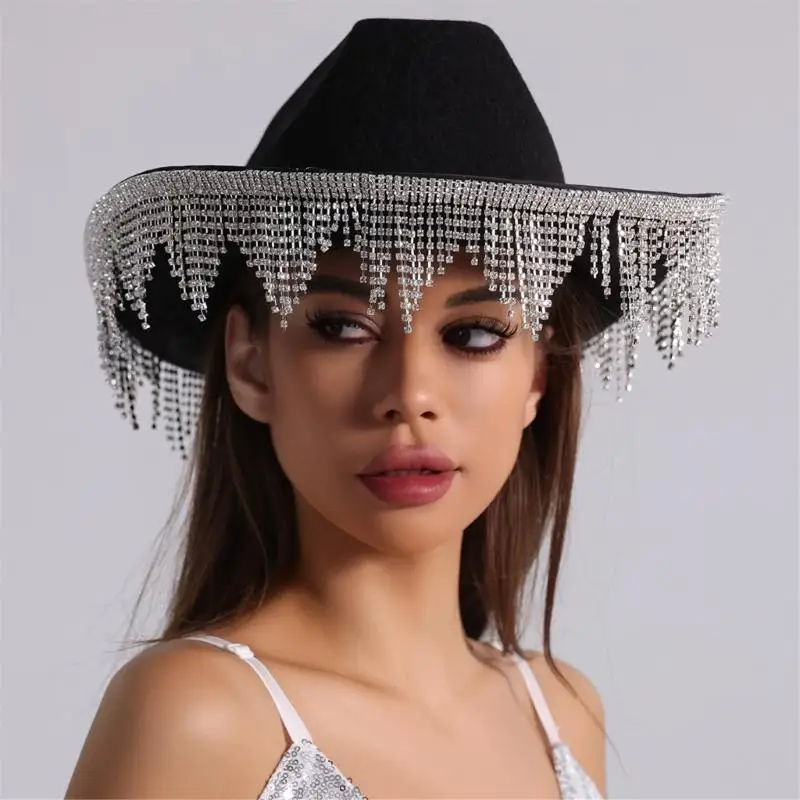 39BD Cowgirl-Hut mit Fransen und Strasssteinen für Damen, Cosplay-Kostüm, Junggesellenabschied, Kopfbedeckung, Hochzeit – Detail 3