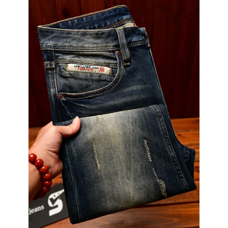 Heavy duty denim washed retro jeans for men 2025 new slim fit small foot elastic trendy brand casual Korean version pants