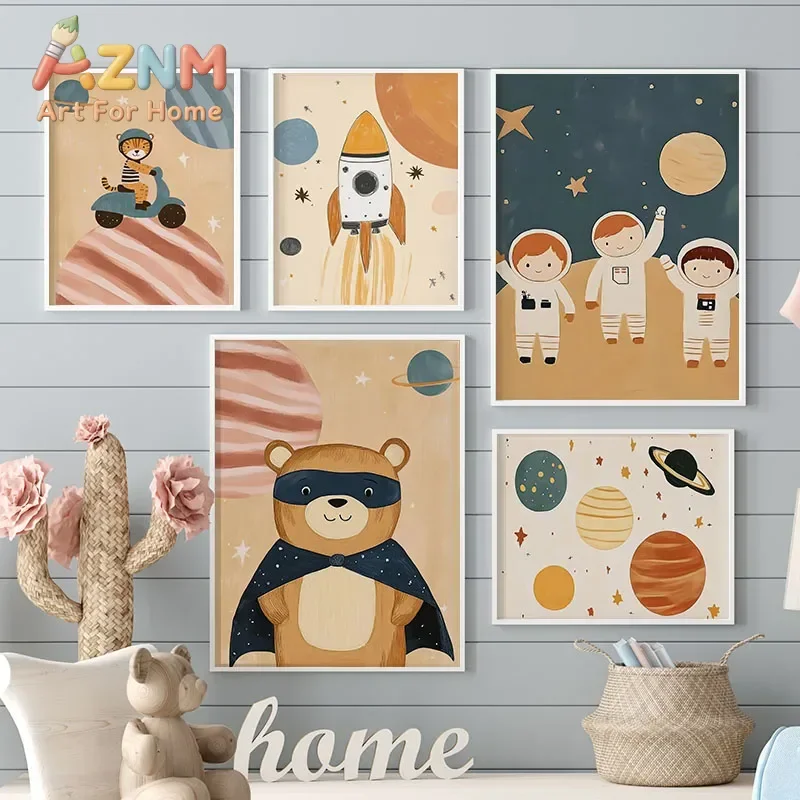 AZNM Cartoon Space Astronaut Canvas Wall Art Bear Tiger Rocket Planet Print Poster for Boys Kids Nursery Bedroom Home Wall Decor