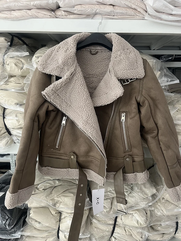 Winter Thick Parka Warm Suede Lamb Fur Jacket Women Faux Shearling Sheepskin Leather Jackets Outwear Short Motorcycle Biker Coat