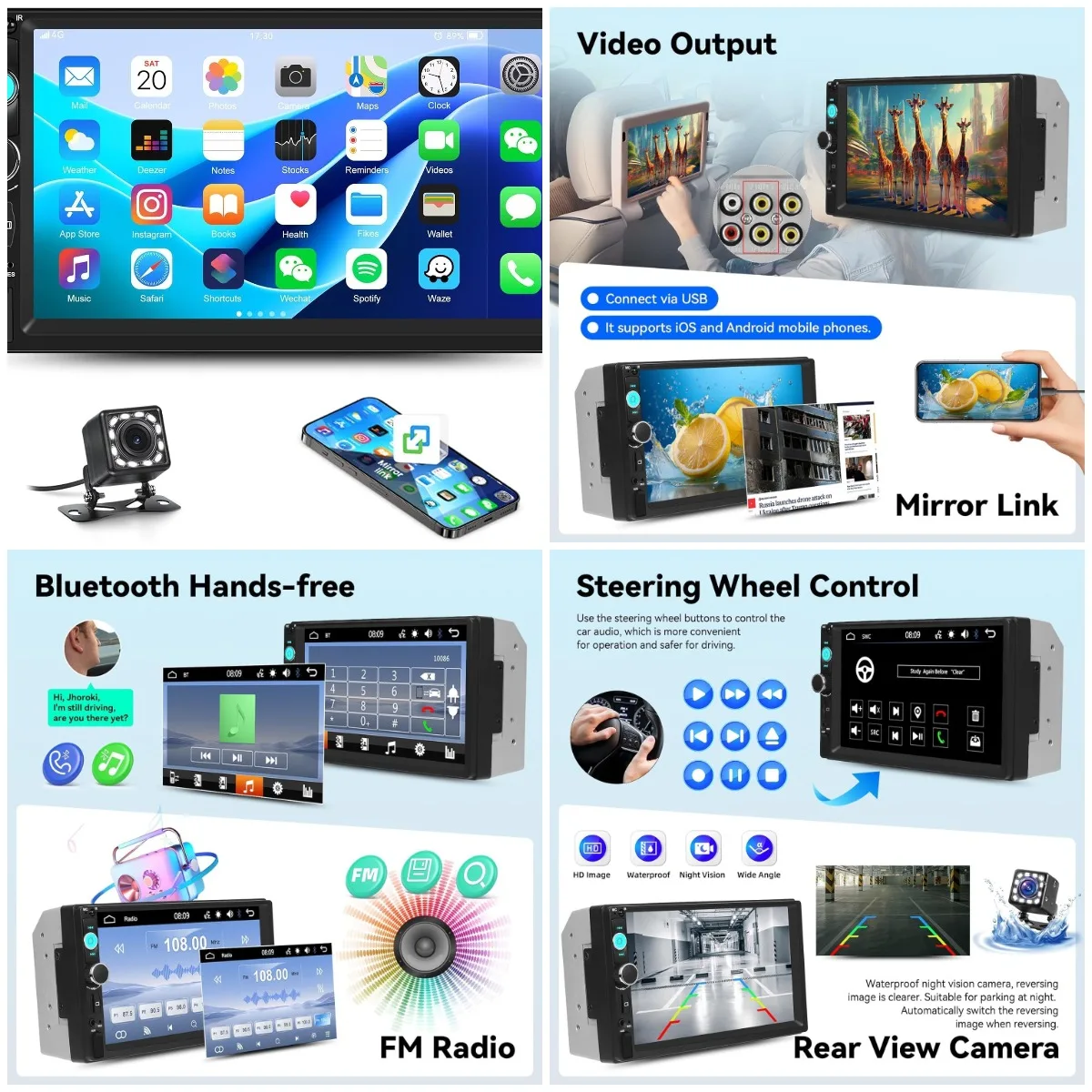 Estéreo para carro duplo Din de 7 polegadas com Bluetooth, MirrorLink, FM, USB, AUX, suporte TF + câmera de backup