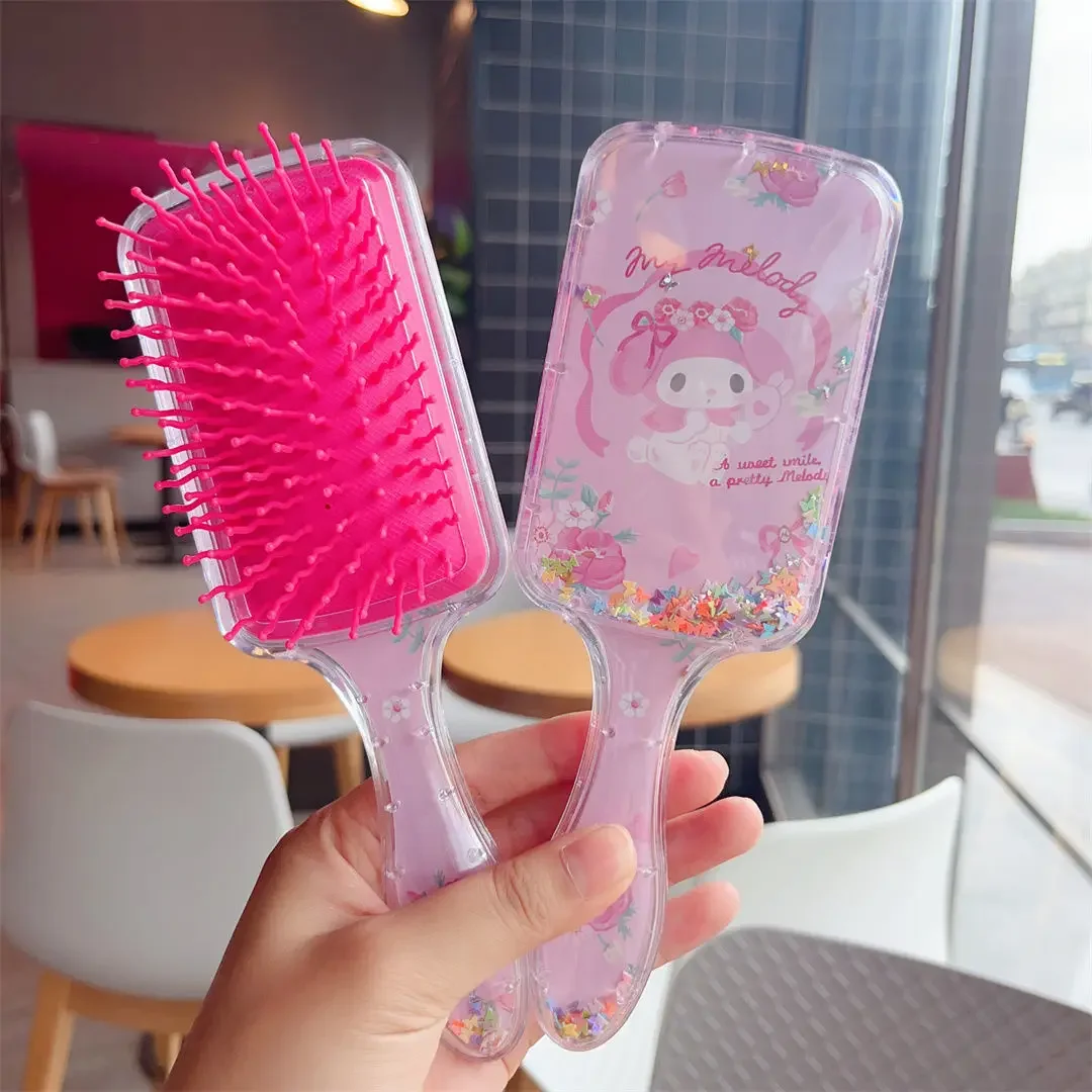 Kawaii Productos Sanrio Hello Kitty Stuff Kuromi My Melody Square Shaker Curling Hair Comb Sequins Air Cushion Comb For Girls