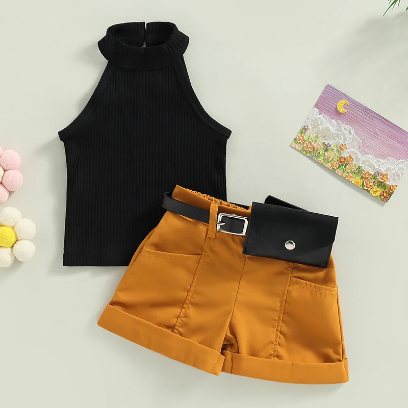 Kids Baby Girls Clothes Fashion Summer Outfit Solid Color Sleeveless Halterneck Ribbed Tops and Shorts Fanny Pack Casual Set