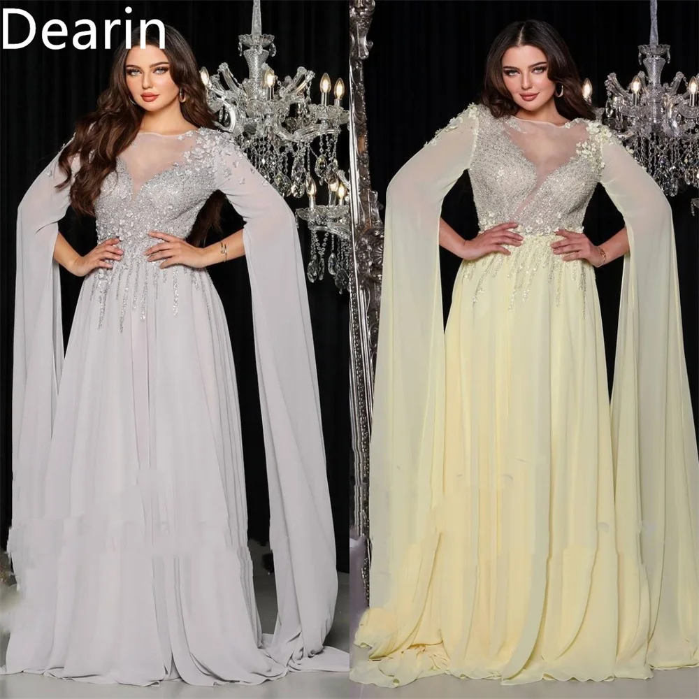 

Customized Saudi Arabia Dearin Scoop Neckline A-line Floor Length Skirts Layered Draped Tulle Sequin Applique Flower Bead Bespok