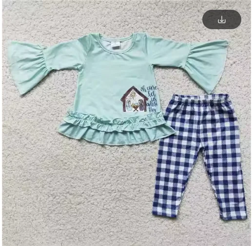 فستان الزي بالجملة بوتيك أزياء عيد الميلاد المهد طفل بنين بنات أخضر فاتح بأكمام طويلة بلوزات وبنطلون منقوش #3