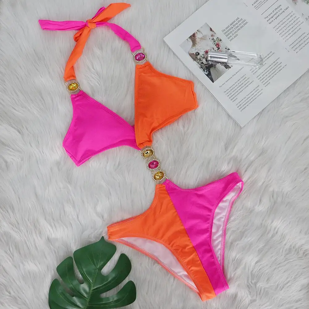 Luxe Strass Bikini Eendelig Badpak Vrouwen 2024 Festival Strandfeest Colorblock Holle Damesmode Diamanten Badpakken