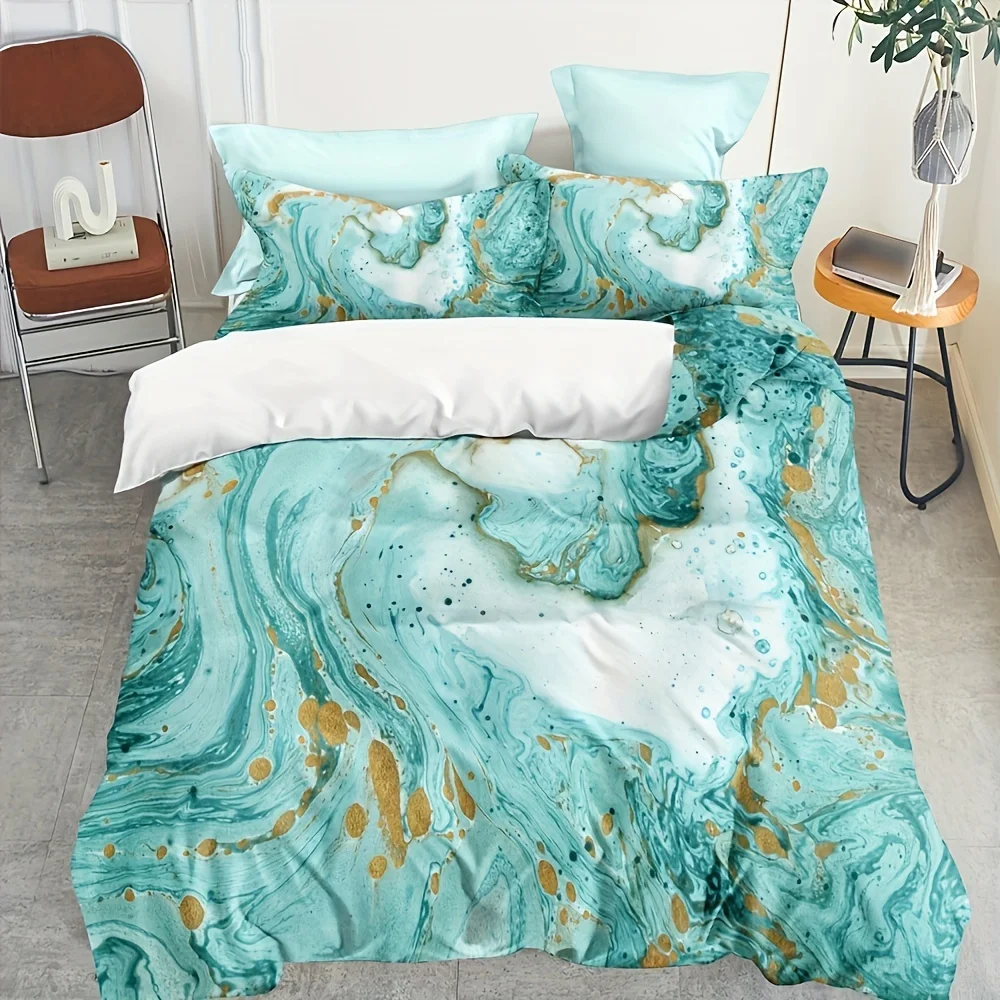 

Retro Watercolor Marble Bedding Set - Green Color Duvet Cover and Pillowcases Elegant Guest Room Decor