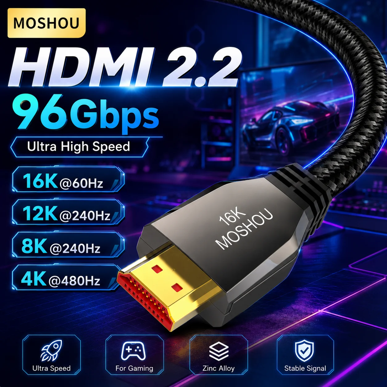 16K HDMI 2.2 Cable 96Gbps Ultra High Speed Braided Cord EARC HDR10+ HDCP2.3&2.3 Anti-Flicker Anti-Freezing for Gaming Movies
