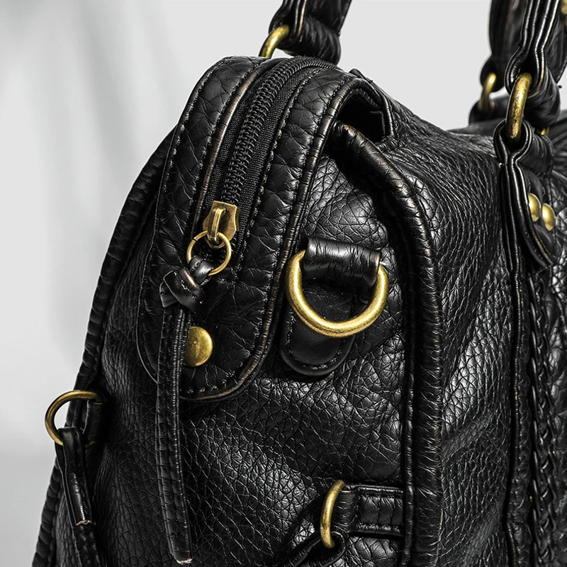 SHELKSBAG Y2k موضة الشارع دراجة نارية الكتف حقائب كروسبودي المرأة مدينة حمل حقيبة خمر غسلها بولي Leather حقيبة يد جلدية كبيرة #5