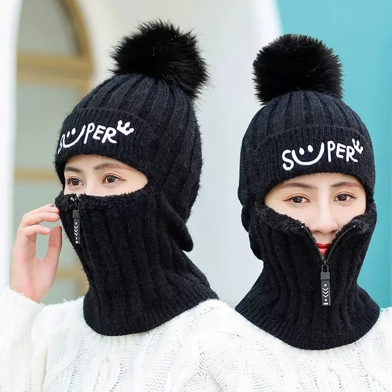 Winter Warm Ski Windproof Hat Women Knitted Cycling Hat Mask Set Zip Closure Outdoor Autumn Winter Cycling Ski Hunting Hat