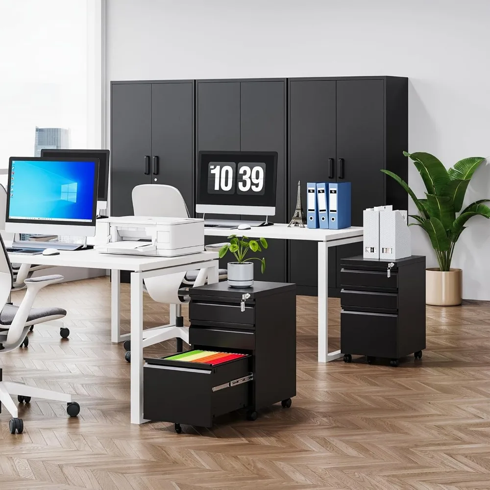 Archivador de metal de 3 cajones con cerradura, ruedas rodantes, cajones profundos para colgar archivos, almacenamiento de oficina debajo del escritorio, archivador seguro