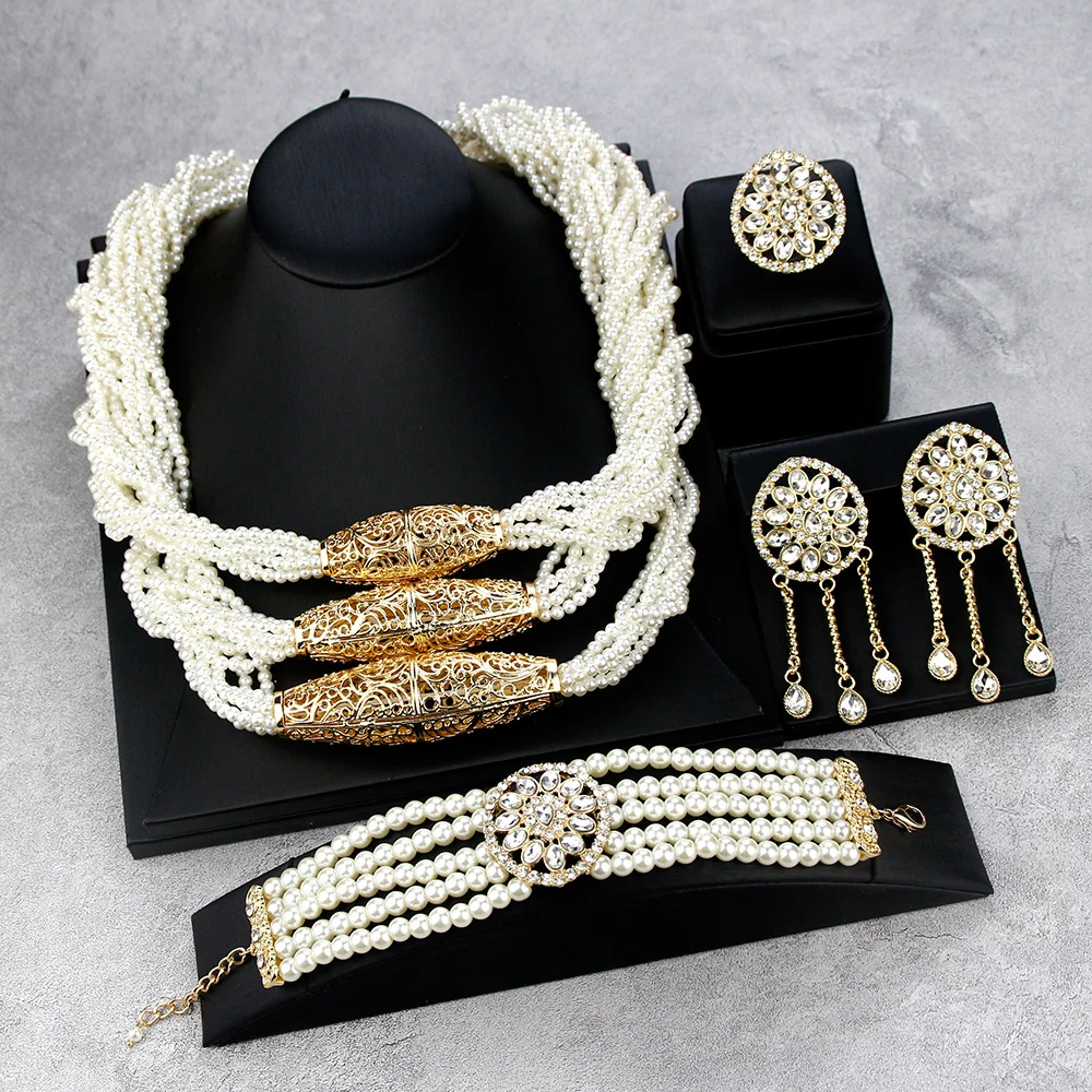 Sunspicems Gold Color Morocco Bride Jewelry Sets Women Multilayer Beads Chain Choker Necklace Long Earring Ring Charm Bracelet