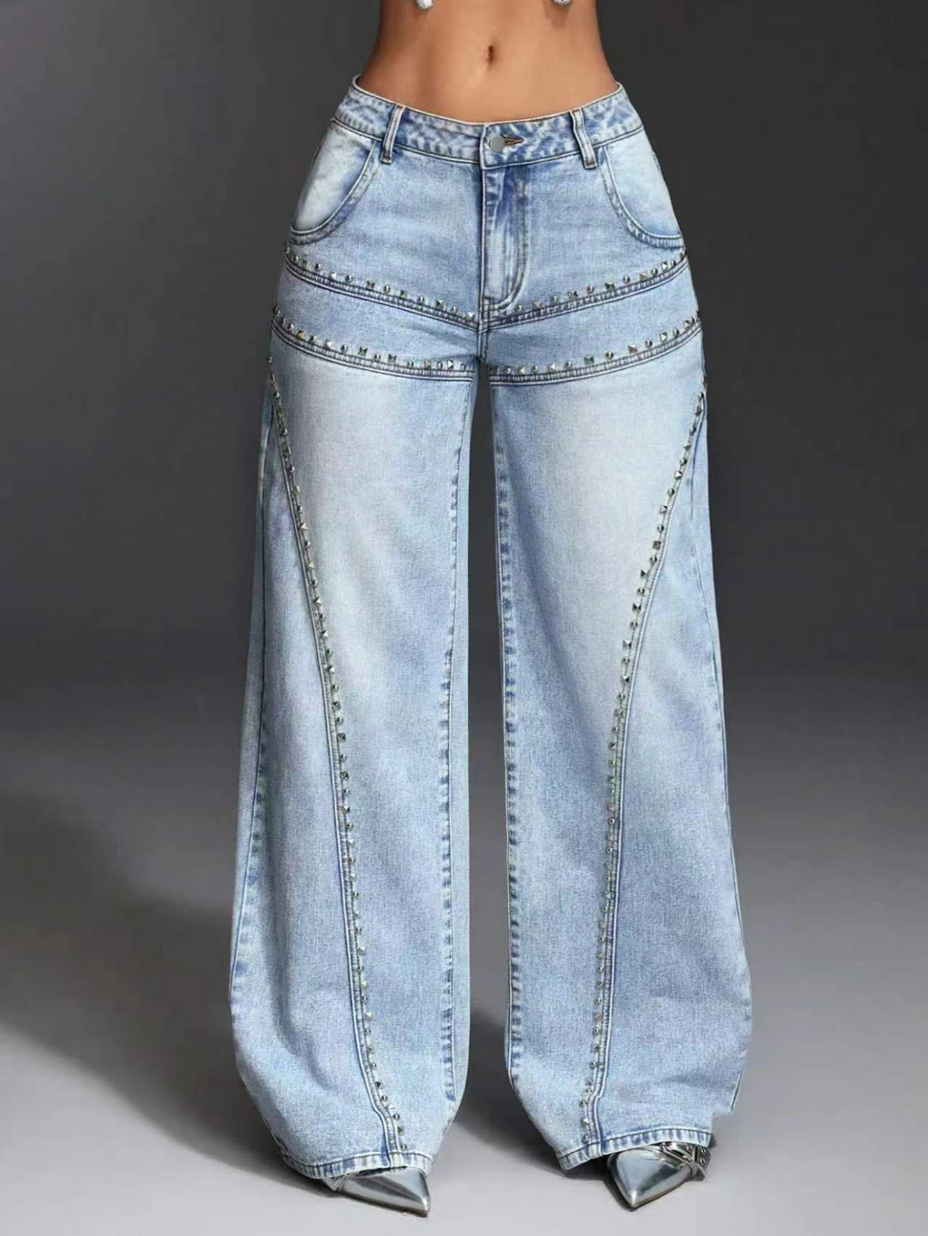 Women's Rivet Wide Leg Jeans Light Blue Washed Denim Pants Mid Waist Streetwear Punk Studded Loose Y2K Fashion Casual Trousers