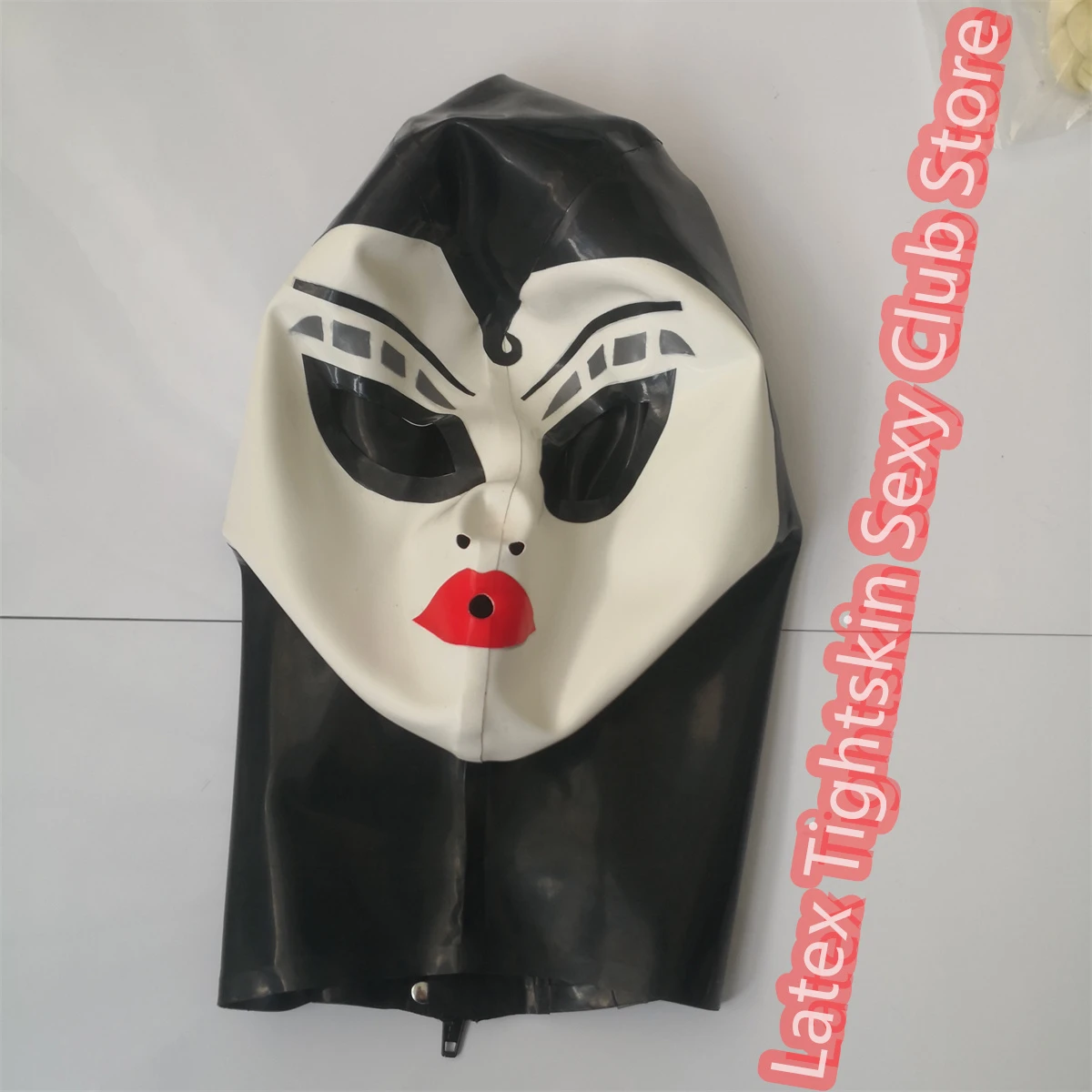

Latex Hood Black with White Back Zipper Rubber Mask Cosplay Halloween Costumes for Men Women
