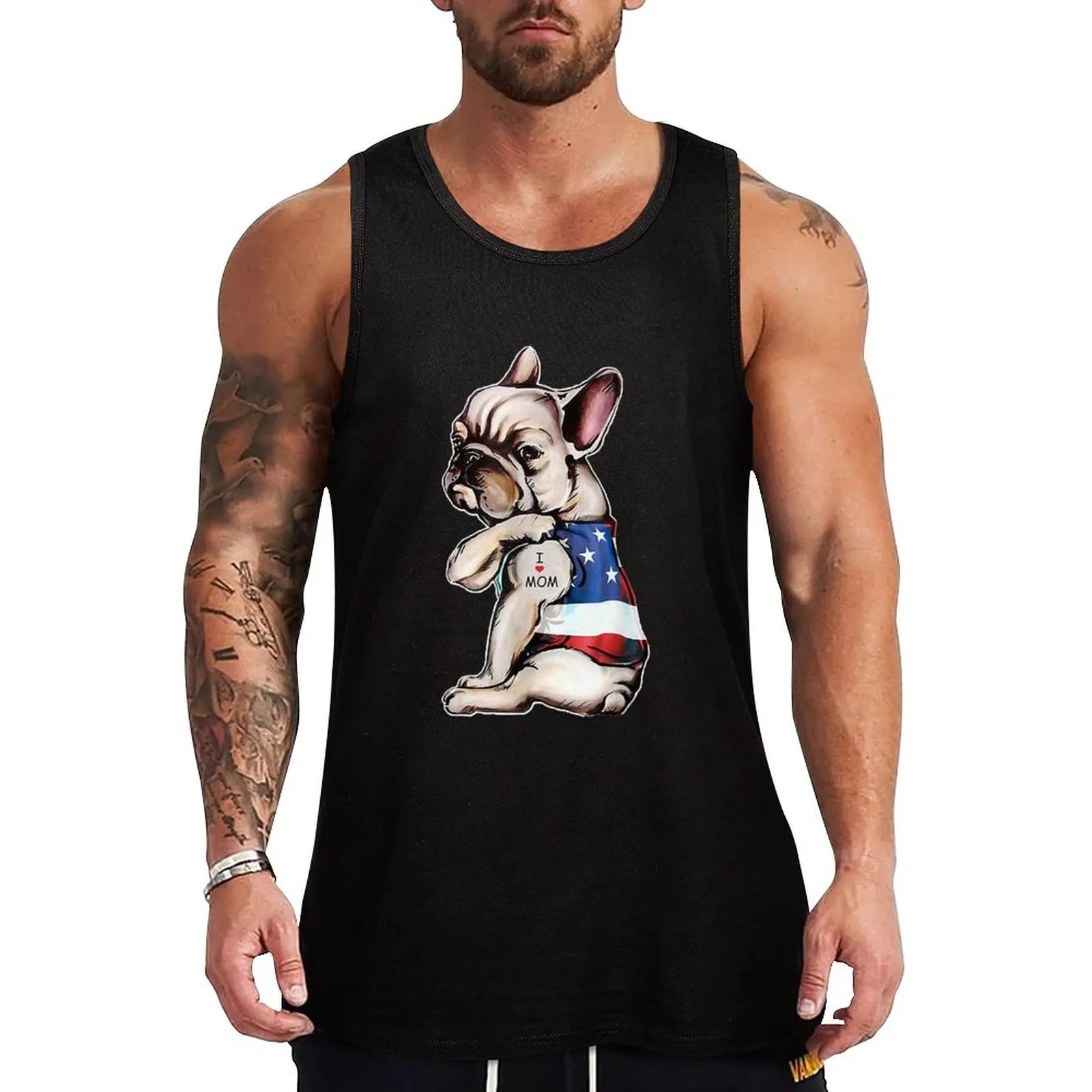 

French Bulldog Tattoo I Love Mom Tank Top Beach Casual Tank Top Loose Fit Sleeveless Summer