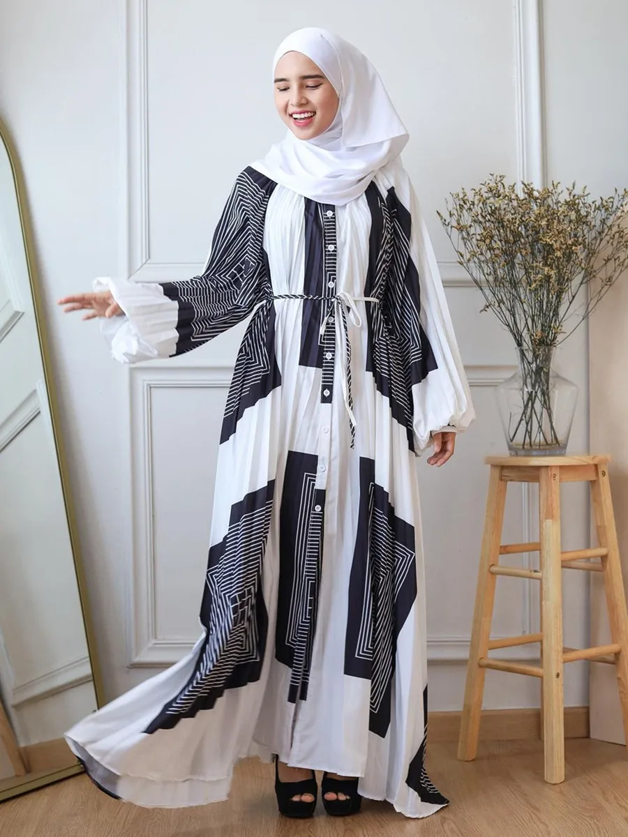 2024 Muslim Sets Dubai Abaya Printed Long Dresses Pleated Loose Casual Robe Femme Islam Clothing Hijab Dress Abayas for Women