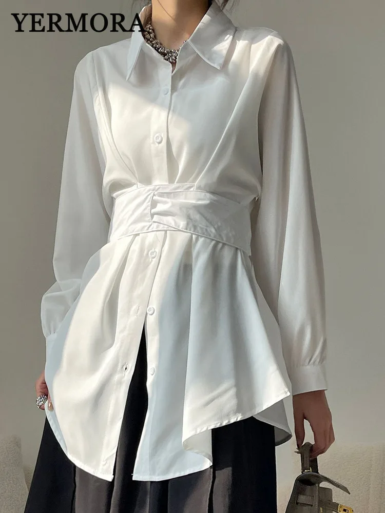 

YERMORA White Bandage Design Thin Casual Blouse For Women Lapel Long Sleeve Loose New Shirt Fashion Tide Spring Autumn 2025
