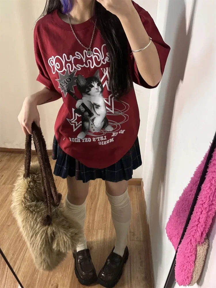 Subculture Kawaii Cat Printed Red T-shirts Women Harajuku Oversized Punk Style Tops Cute Graphic Short Sleeve Tees Cotton Casual