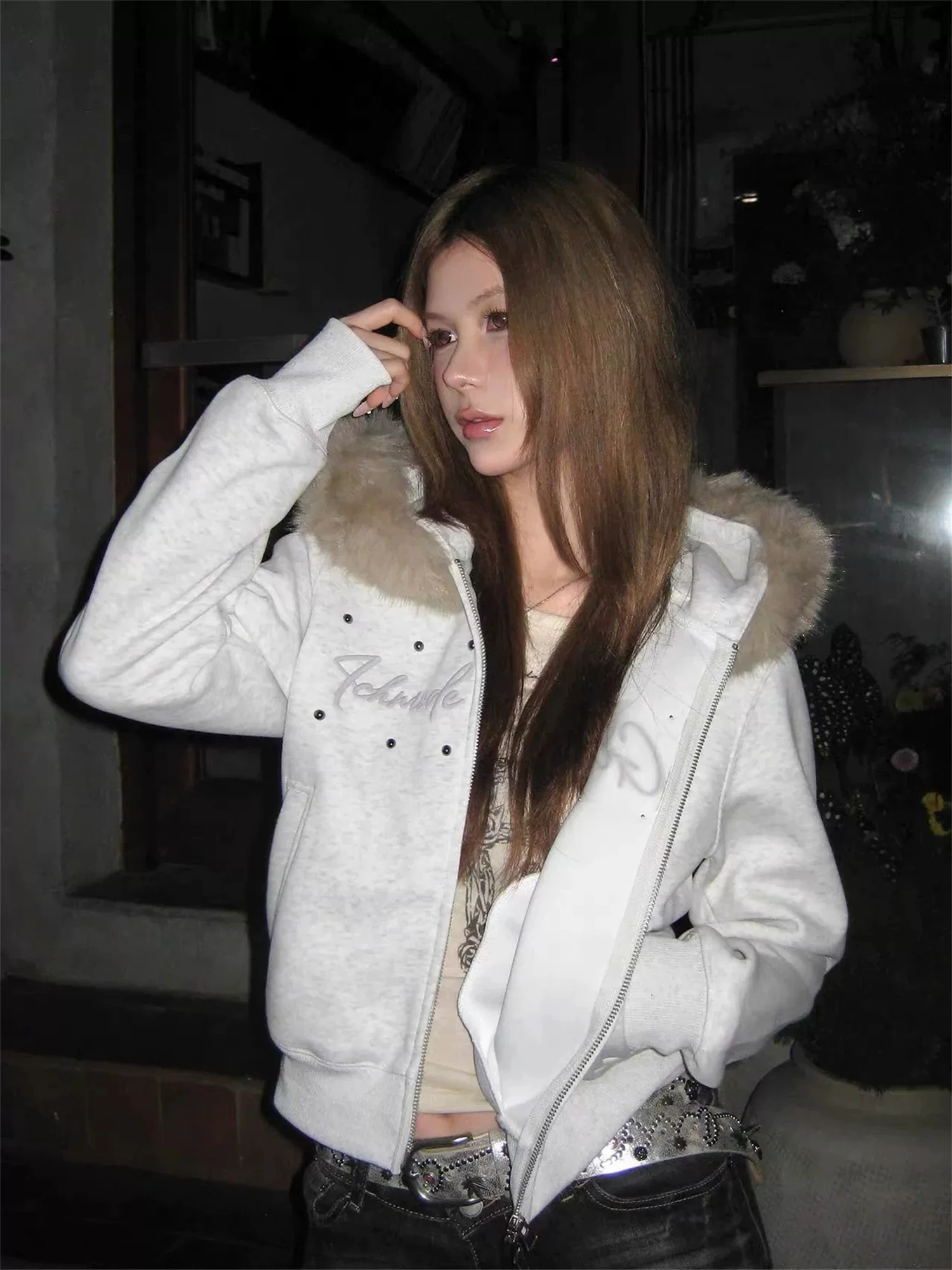 Y2K Grunge Faux Fur Collar Zip Up Hoodie Women Stud Embroidered Slim Fit Cropped Long Sleeve Streetwear Fall Winter Top