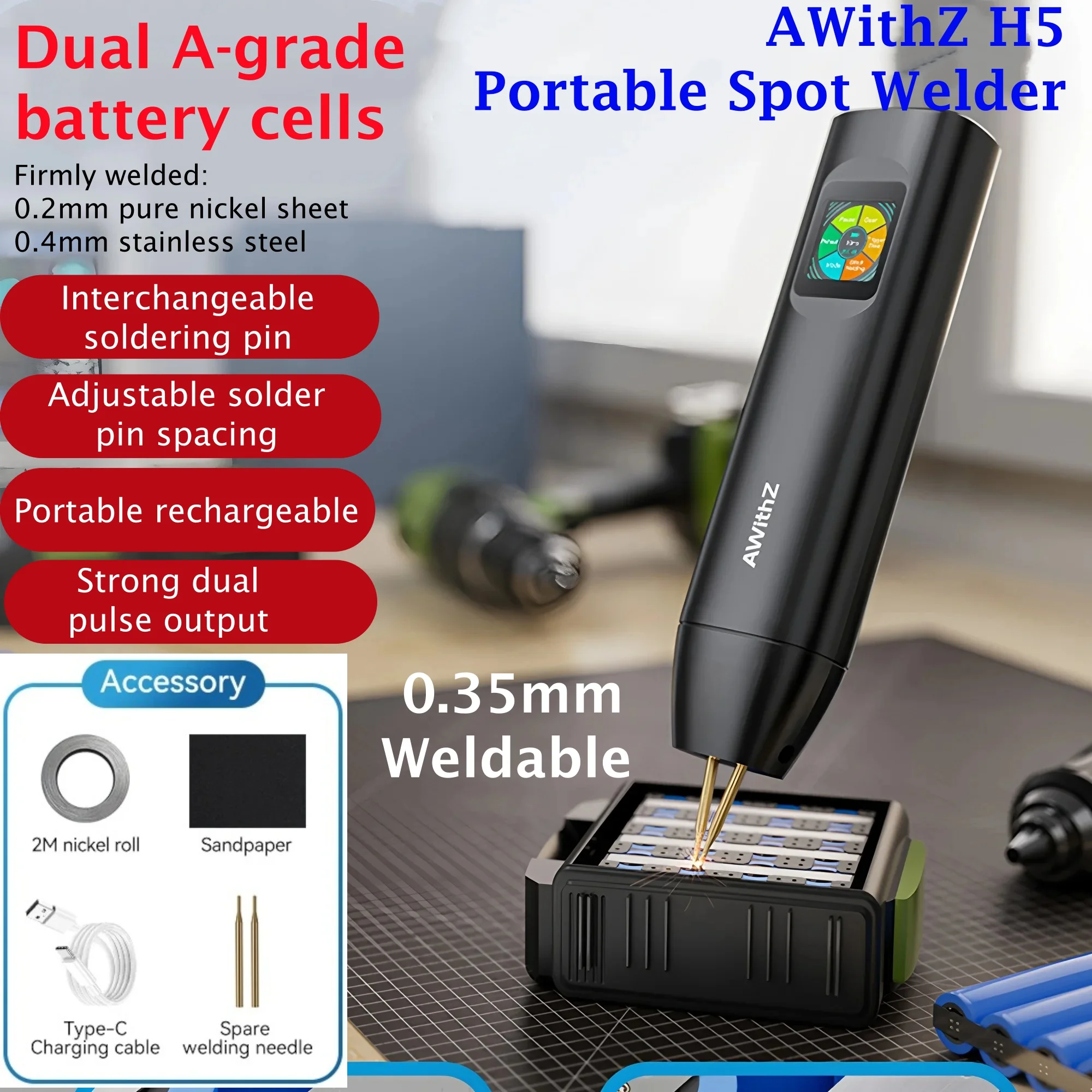 

Awithz H5 Spot Welding Machine Dual Pulse 99 Level Adjustment 18650 Mobile Phone Lithium Battery Nickel Plate Collision Welding