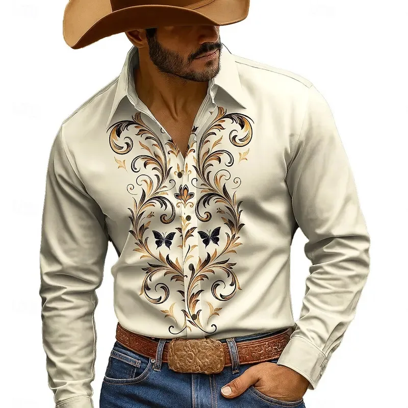 Kemeja Pacuan Kuda Pria Kemeja Koboi Kemeja Cetak 3D Modis Kemeja Berkancing Kemeja Lengan Panjang Kasual Blus Jalanan untuk Pria