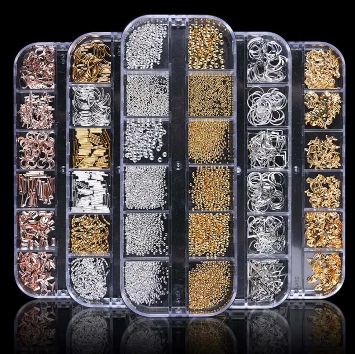 12. Siatka Mixed Style Rivet Nail Art Charms Sliver Gold Rhinestones Frame Zircon Moon Heart Manicure Akcesoria Hollow Nail Decor