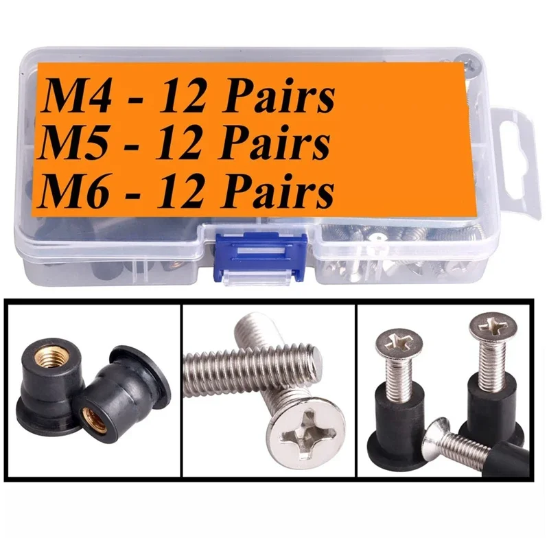 36 Pairs M4/M5/M6 Rubber Well Nuts with Stainless Screw Steel Kayak Brass Copper Bolts Well Nut Kit