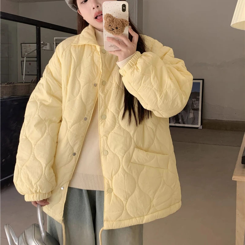 Autumn Winter Fashion Long Sleeve Turn-down Collar Solid Parkas Women\'s Clothing Button Korean Thicken Warm All-match Chic Tops