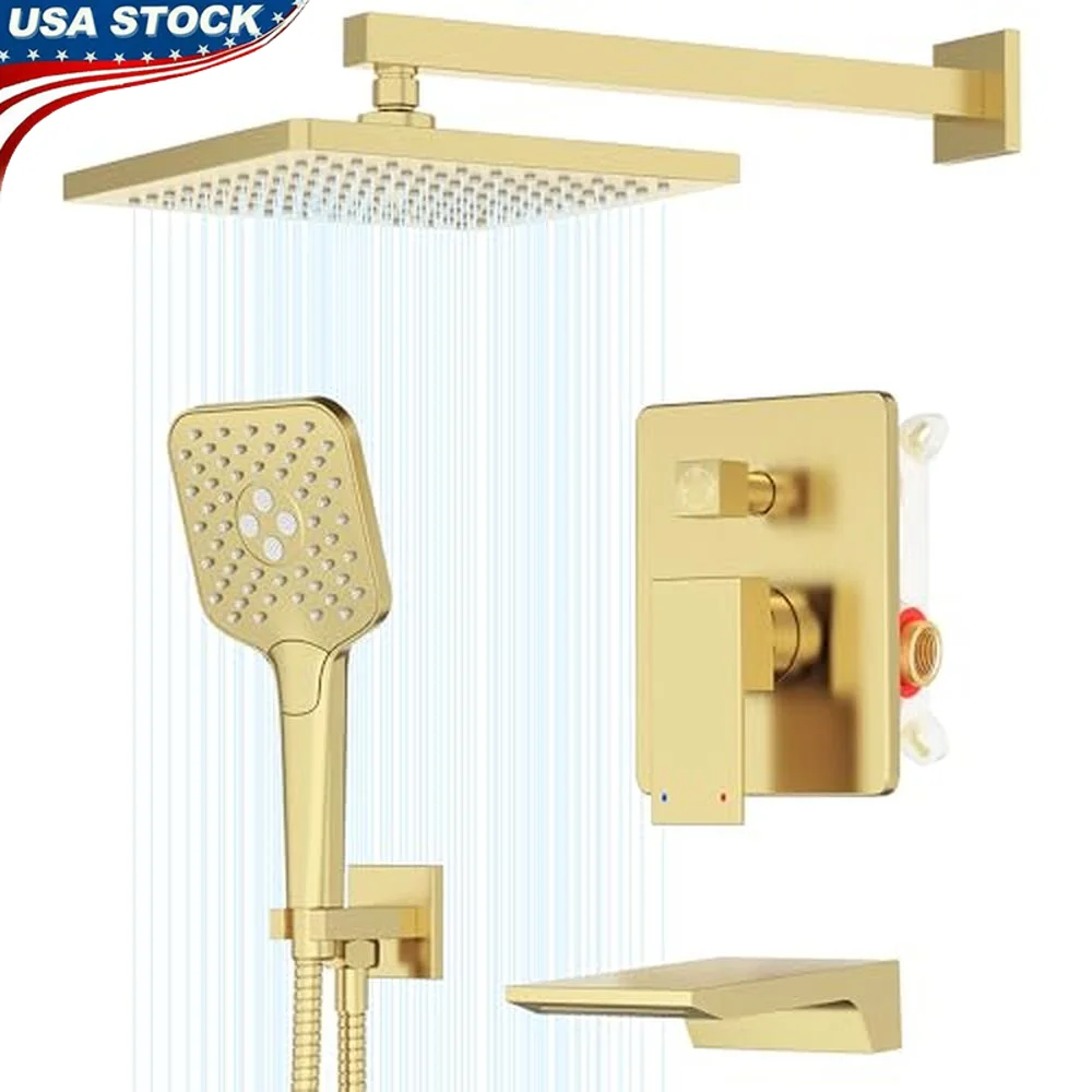 Solid Brass Shower System with Tub Filler Wall Mount Bathroom Set High Pressure 10