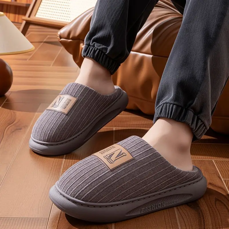 

Men's Winter 2025 New Cotton Slippers Thick Sole Warm Fleece Indoor Slipper Comfortable Large Size Non Slip Home Footwear