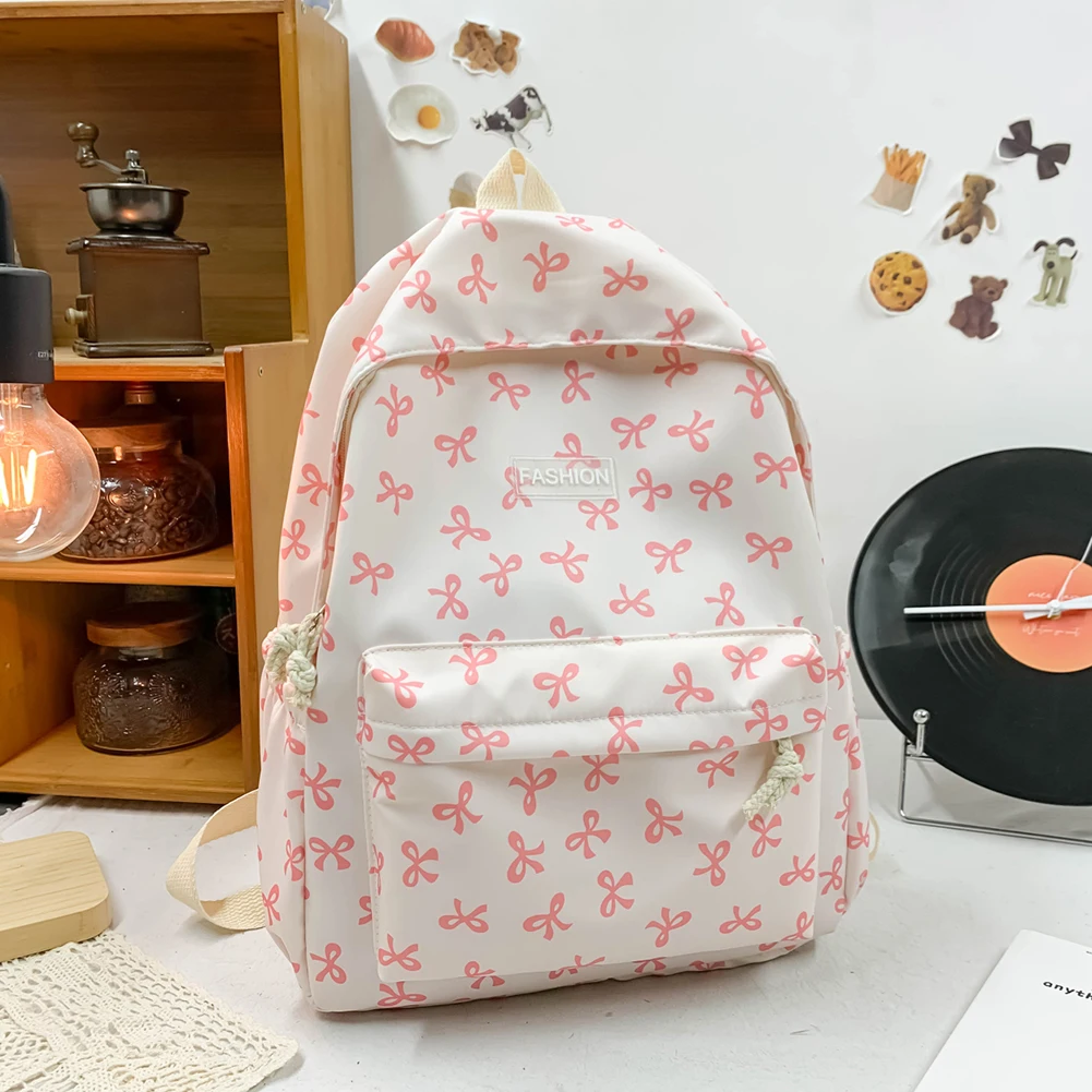 Nylon Student Backpack Bow Printed for Girls Women Schoolbag Adjustable Strap Travel Bag Cute Knapsack