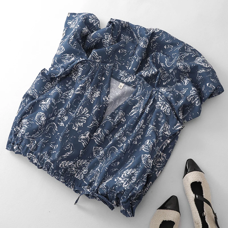 Summer Knee-Length Printed Dress V-Neck Sleeveless Drawstring Women's Fashionable Cotton Retro Style City Commute Dress