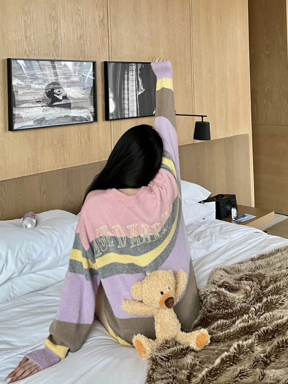 

Winter Bear Embroidery Casual Loose Women's Sweater Stripes Button up Cotton Blend Long Sve round Ne Top