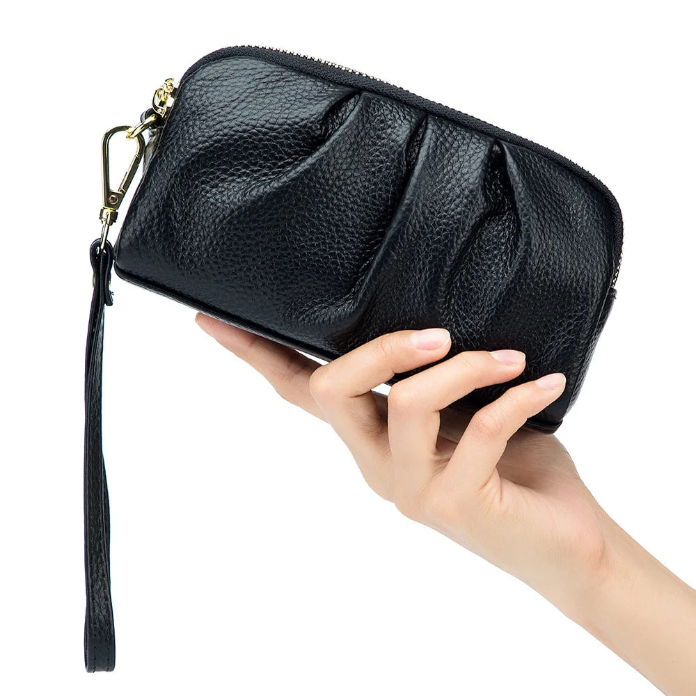 Fashion Soft Genuine Leather Ladies Day Clutches Clutch Bags Organizer Purse Double Zippers Cowhide Plicated Mini Wristband Bag