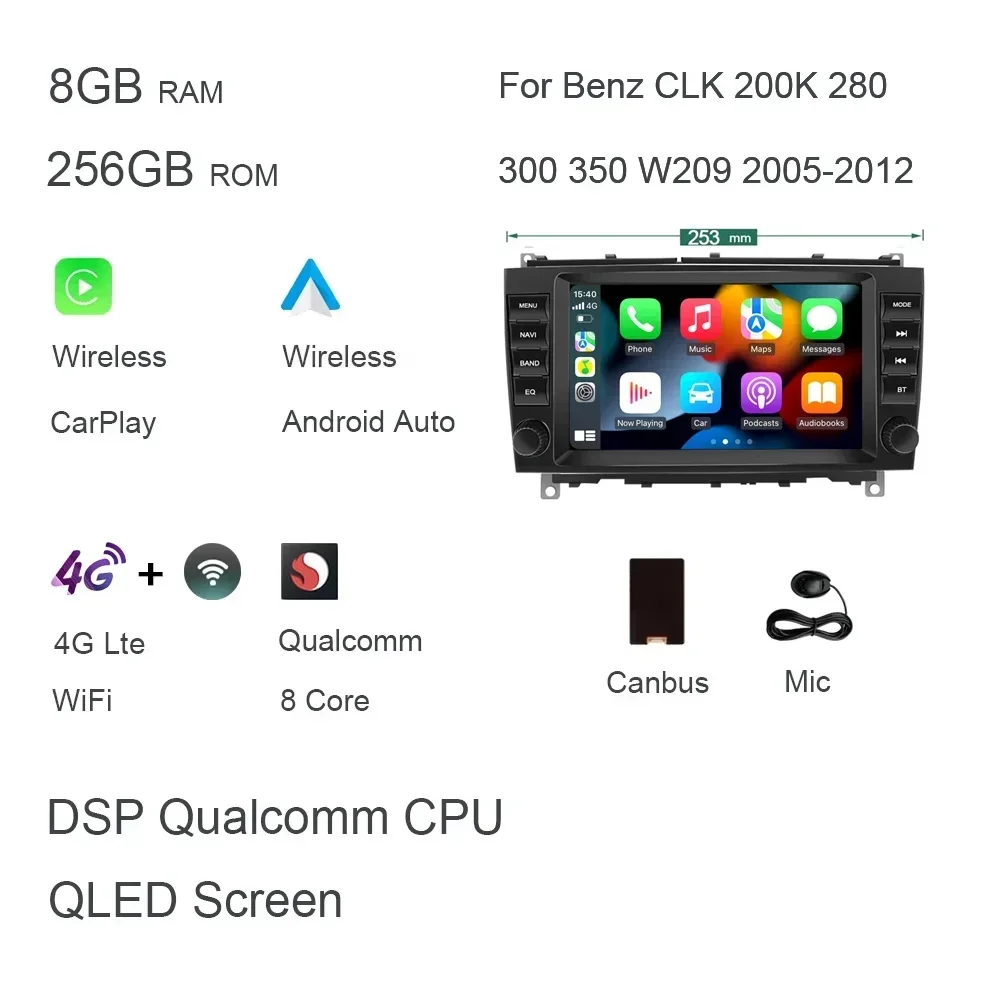 720P Carplay 8 "Android 14.0 8G + 256G Auto Dvd-speler Autoradio GPS navigatie Voor Benz CLK 200K 280 300 350 W209 2005-2012 Radio