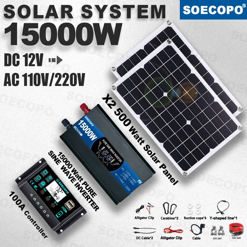 

Quiet Operation SOECOPO 15000W High-Stability Solar Energy Kit 100A Inverter 2×500W Panel for car home farm Boat Remote Area Use