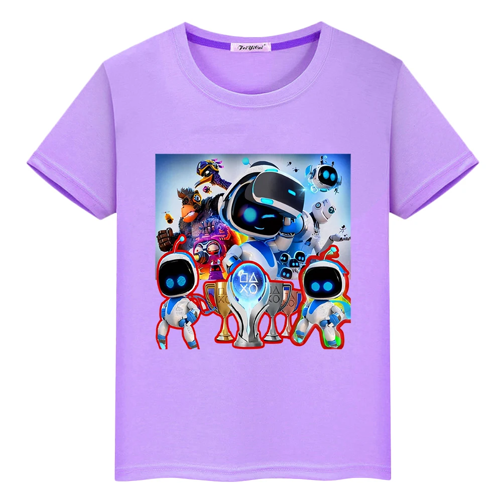 Game Astro Bot print t shirt for kids boy 10years 100%Cotton anime Short y2k one piece Kawaii Tops Cartoon t-shirt girls clothes