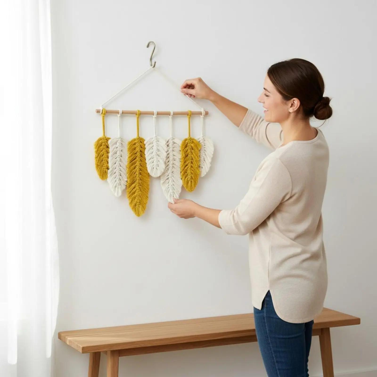 Macrame Feather Wall Hanging Handmade Foliage Wall Hanging Foliage Tassel Tapestry Natural Cotton Home Decor Soft Textile - view 5