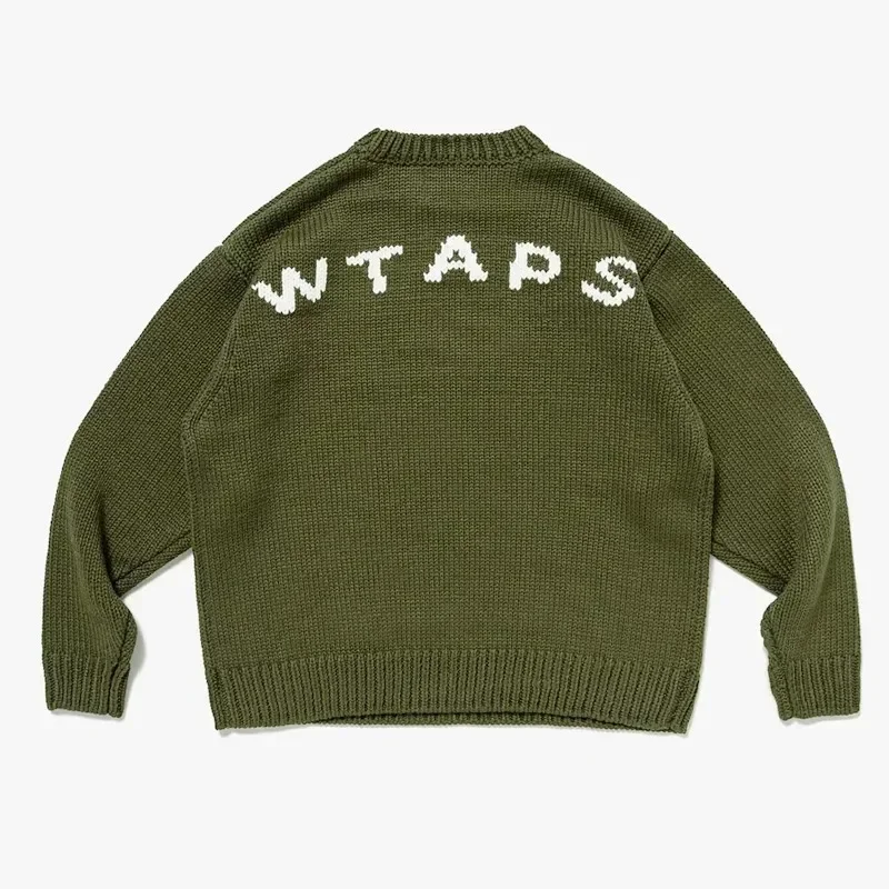 WTAPS Autumn Winter Unisex Letter Logo Knit Sweater Crew Neck Loose Fit Casual Japanese Streetwear Pullover Top
