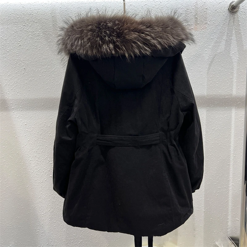 Women's Goose Down Jacket 2026 Winter Mid Length Hooded Coat Natural Raccoon Fur Collar Slim Waist Loose Fit Warm Fashion