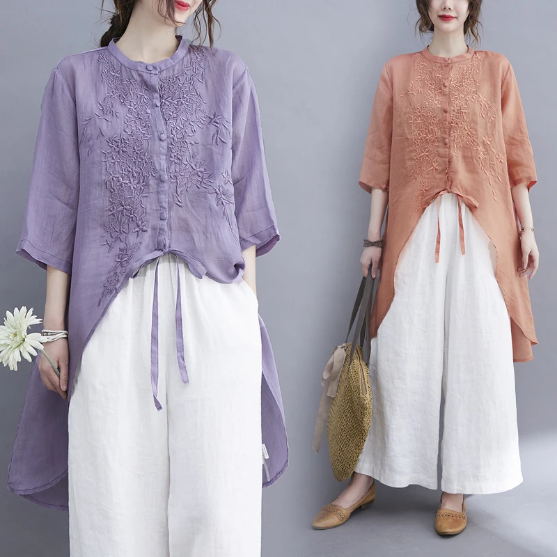 

Summer Large Size Women's Cotton Linen Embroidered Stand Collar irt Artistic Middle Length Asymmetrical Top for plus Size