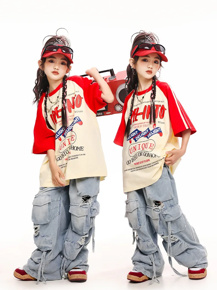 Hip Hop Mädchen Kleidung Kinder Jazz Street Dance Kostüm Meter Rot T Shirt Denim Cargo Hosen für Jungen Performance Outfit