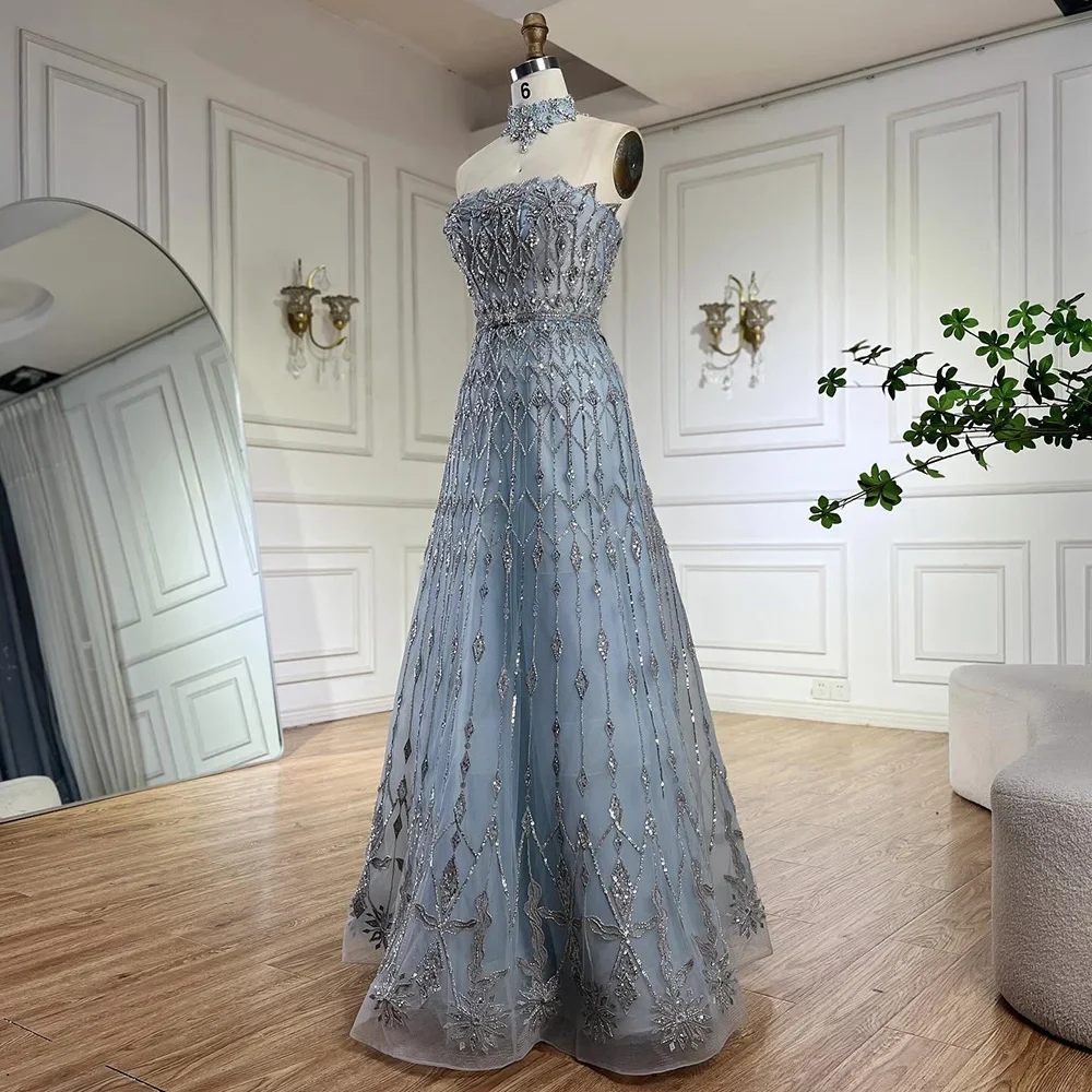 Serene Hill Customized 2025 Arabic ALine Elegant Strapless Blue Saudi Evening Gown  Beaded Dress Formal Occasion GLA72717